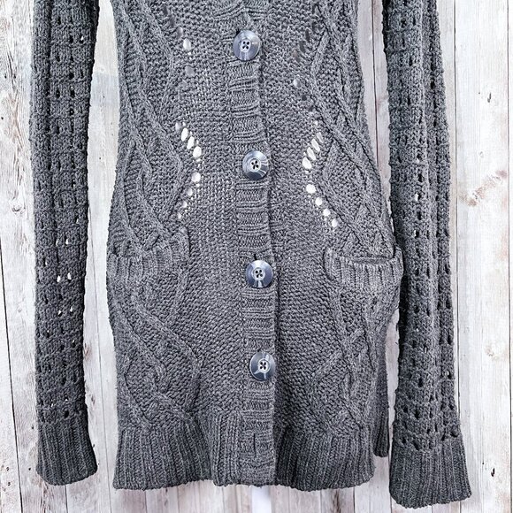 Women's Decree Sweater Cardigan | Gray | Open-Knit | Large | Long | Button-Up - Picture 7 of 13
